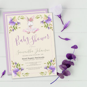 Invitation Élégant violet Floral & Bunny Baby shower fille