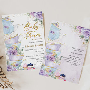 Invitation Élégant violet Floral High Tea Party Baby shower