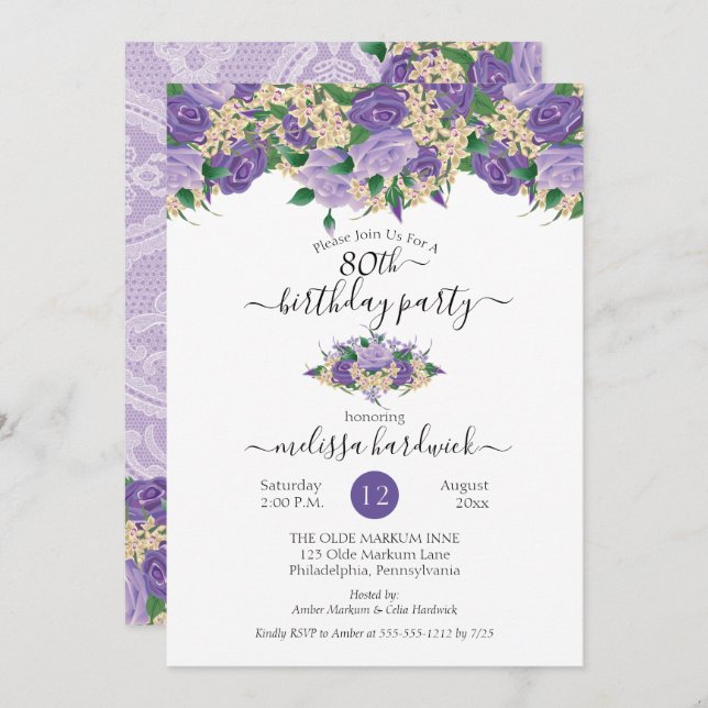Invitation Élégant violet floral | Lace 80e fête d'anniversai (Devant / Derrière)