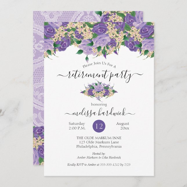 Invitation Élégant violet floral | Lace Retirement Party (Devant / Derrière)