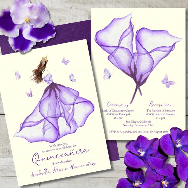 Invitation Elégant violet Floral Lily Aquarelle Quinceañera (Créateur téléchargé)