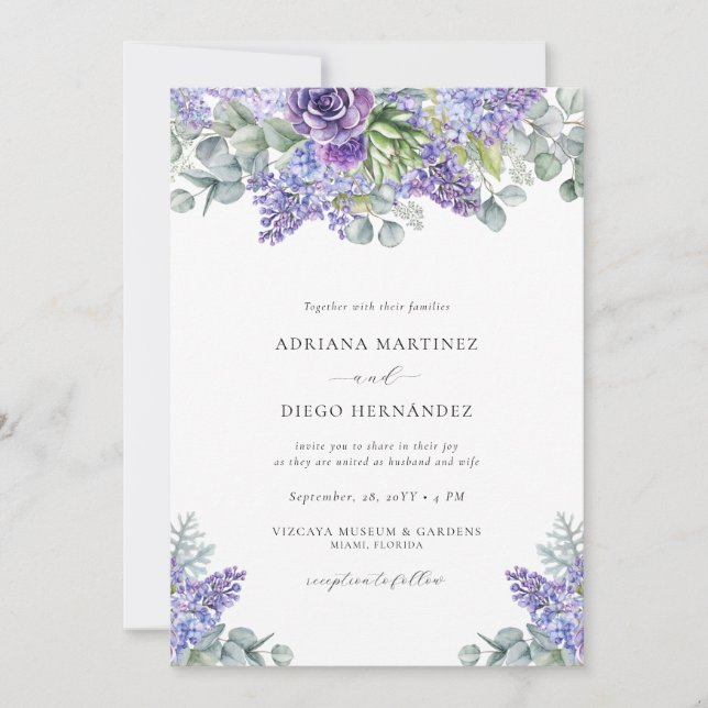 Invitation Élégant Violet Floral Mariage tout-en-un RSVP (Devant)