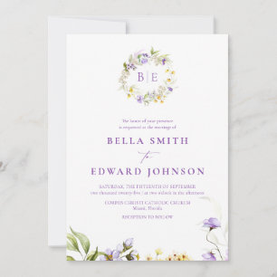Invitation Élégant violet Floral Monogramme Mariage botanique