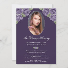 Invitation Elégant violet floral photo Memorial Service