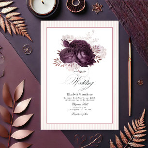 Invitation Élégant violet foncé et Rose or Mariage floral