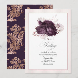 Invitation Élégant violet foncé et Rose or Mariage floral