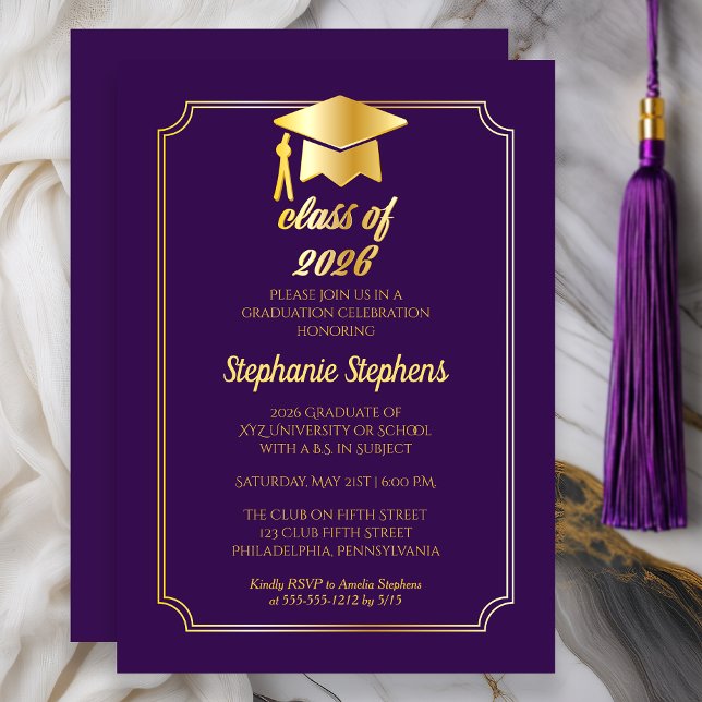 Invitation Élégant violet | Gold Casquette College Graduation (Class of 2026 Elegant Purple Gold College Graduation Party)