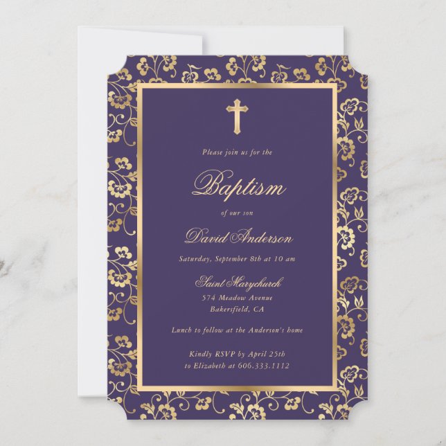 Invitation Élégant Violet Gold Cross Script Floral Baptism (Devant)