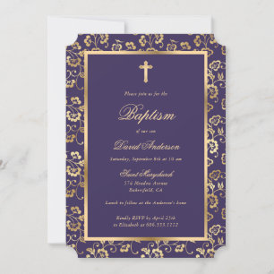 Invitation Élégant Violet Gold Cross Script Floral Baptism