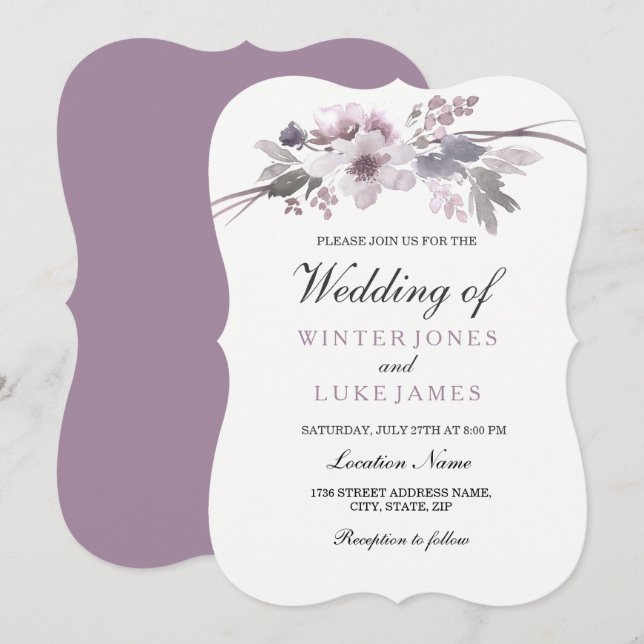 Invitation Elégant Violet Gris Floral Mariage Inviter (Devant / Derrière)