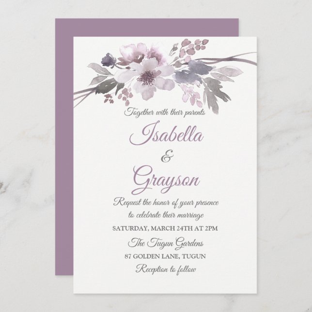 Invitation Elégant Violet Gris Floral Mariage Inviter (Devant / Derrière)