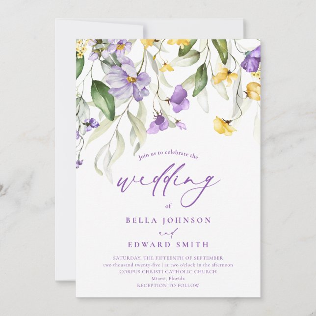 Invitation Elégant violet jaune Aquarelle Mariage floral (Devant)