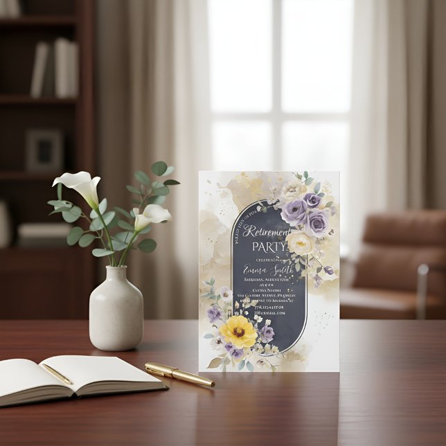Invitation Élégant Violet Jaune Or Floral Aquarelle Retir (Créateur téléchargé)