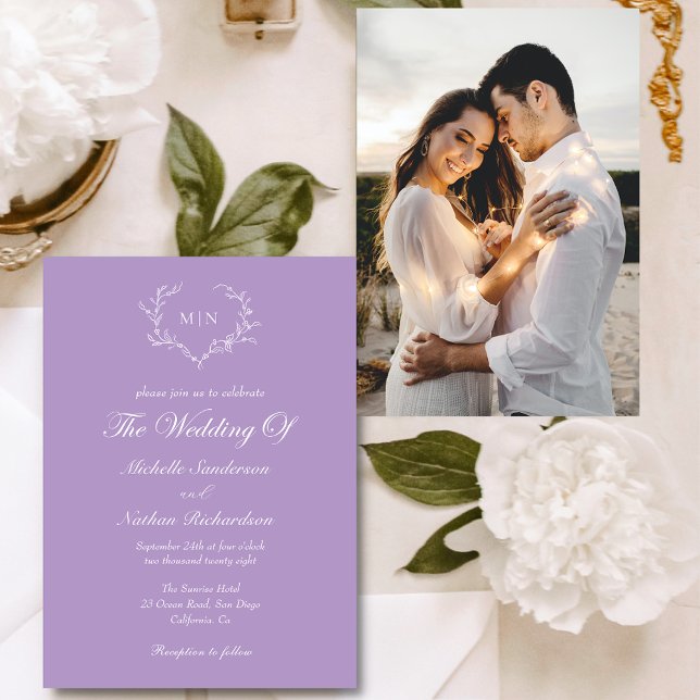 Invitation Élégant violet Mariage Monogramme photo (Créateur téléchargé)