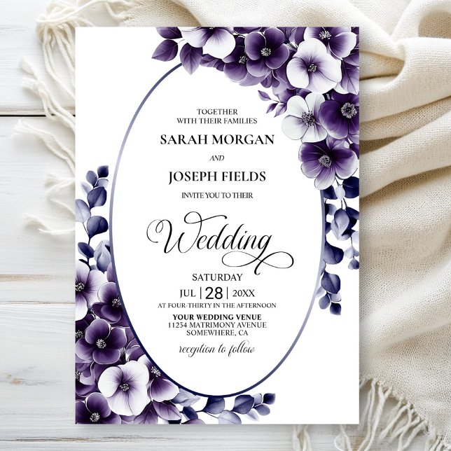 Invitation Élégant violet Mariage ovale fleuri (Créateur téléchargé)