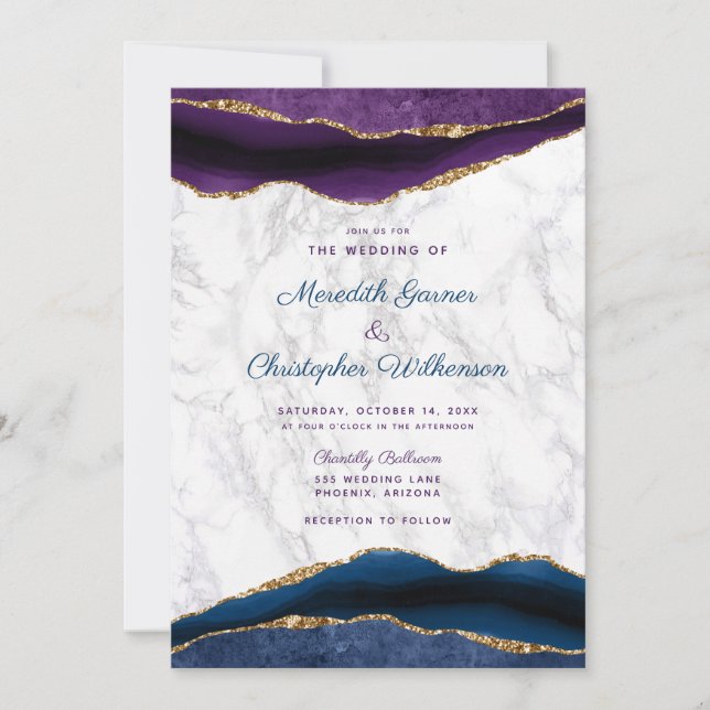 Invitation Élégant violet marine Gold Agate Mariage en marbre (Devant)