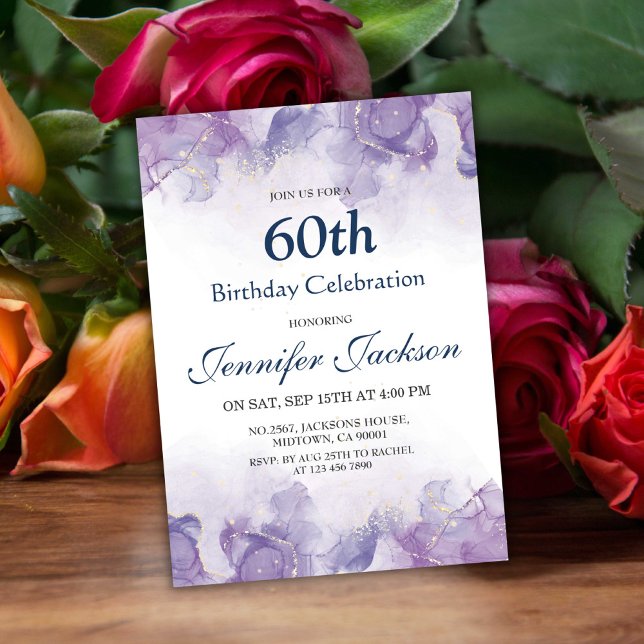 Invitation Élégant violet moderne et or floral 60e anniversai (Créateur téléchargé)