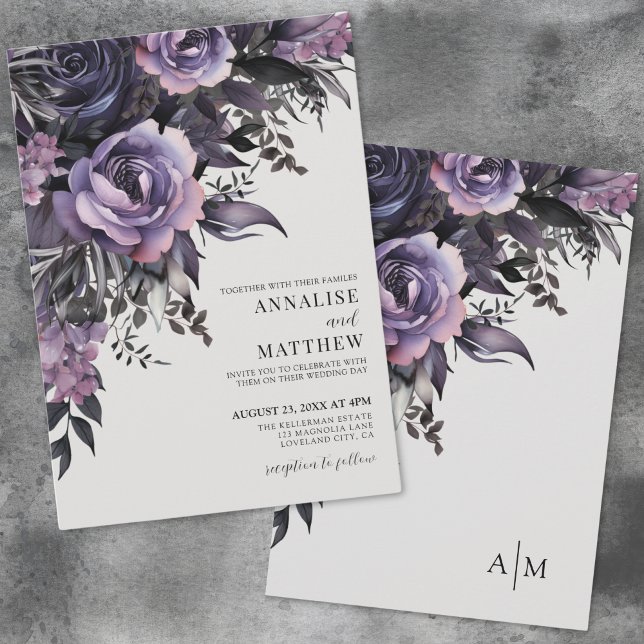 Invitation Élégant violet noir Mariage Floral (Elegant Purple Black Floral Wedding Invitation)