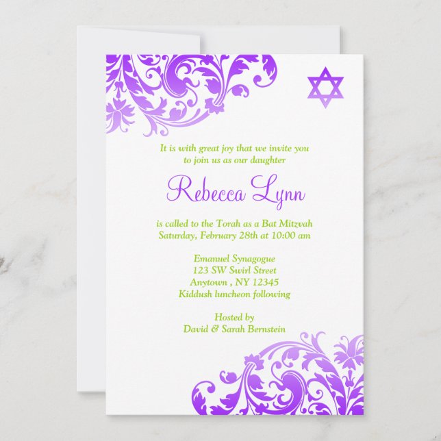 Invitation Élégant violet ombre Bat mitzvah (Devant)