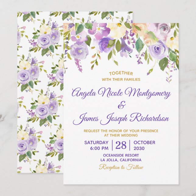 Invitation Elégant violet or Aquarelle Mariage Floral (Devant / Derrière)