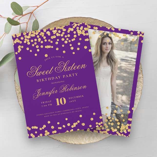 Invitation Elégant violet or Confetti Photo Sweet 16 (Elegant Purple Gold Confetti Photo Sweet 16 Invitation)