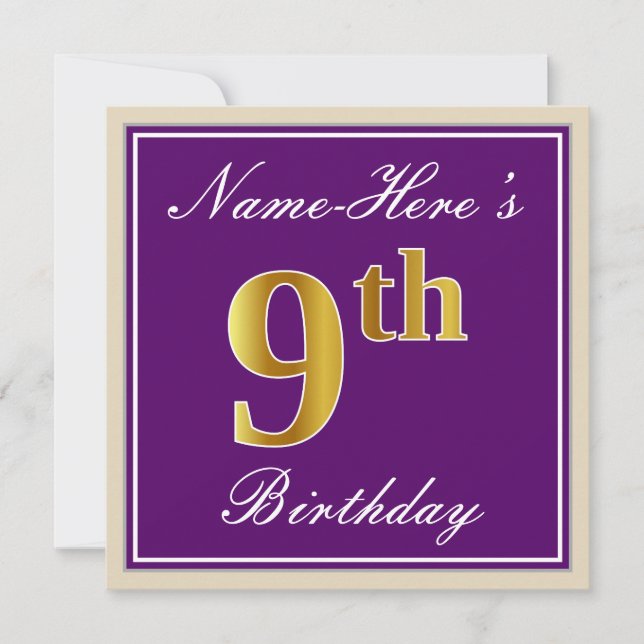 Invitation Elégant, Violet, Or Faux 9e Anniversaire + Nom (Devant)