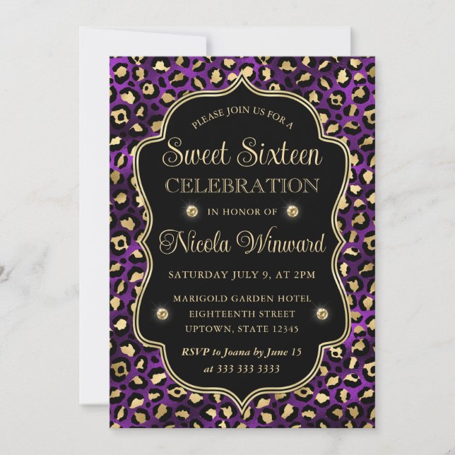 Invitation Élégant Violet Or Imprimé Léopard Sweet 16 (Devant)