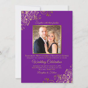 Invitation Élégant violet & or photo & QR Code Mariage