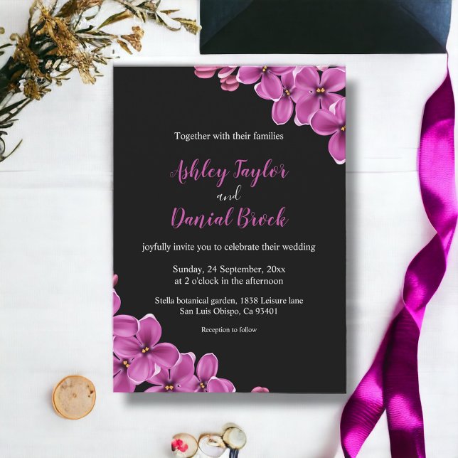 Invitation Élégant violet orchidée Fleur noir Floral Mariage (Créateur téléchargé)