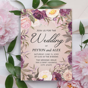 Invitation Élégant violet pies roses Mariage Floral