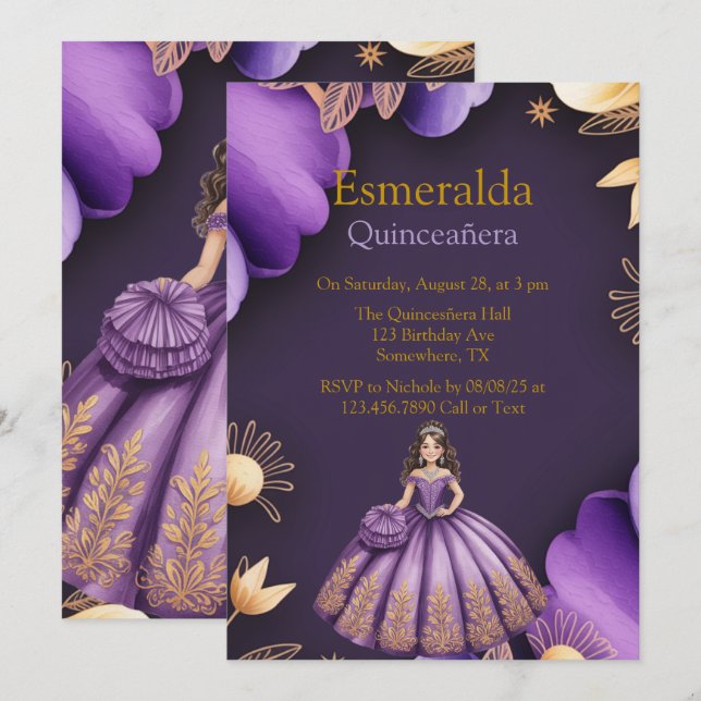 Invitation Elégant violet Quinceañera Girl Art (Devant / Derrière)