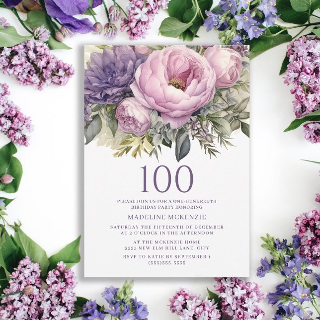 Invitation Élégant violet rose floral 100e anniversaire (Purple floral 100th birthday party invitation)