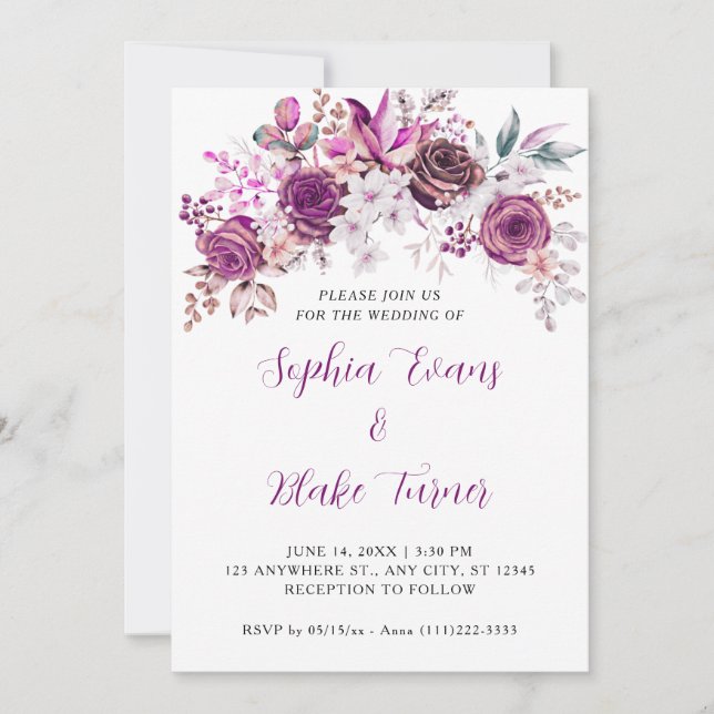 Invitation Élégant violet Rose Floral Blanc Mariage (Devant)