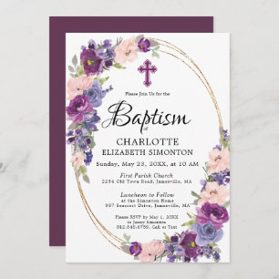Invitation Élégant violet rose floral cadre or Baptême