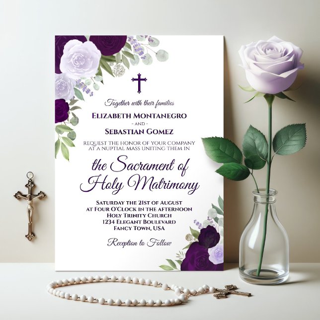 Invitation Élégant violet Rose Mariage catholique moderne (Créateur téléchargé)
