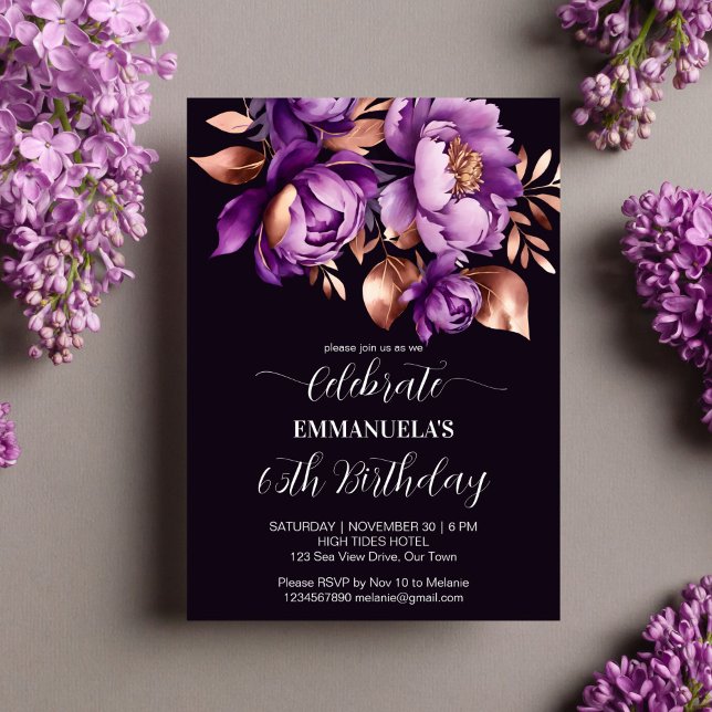 Invitation Élégant violet rose or fleuri modèle d'anniversair (Elegant purple rose gold peony floral birthday party editable template invitation digital download )
