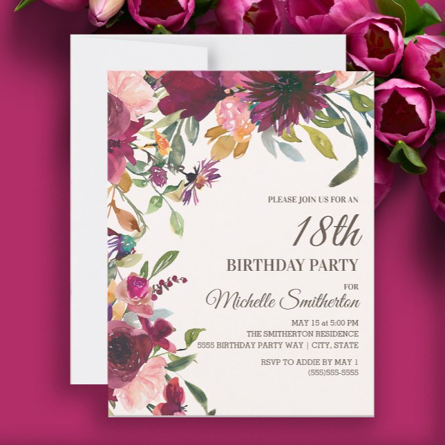 Invitation Élégant violet rose or floral 18e anniversaire (Burgundy and pink floral 18th birthday party invitation)