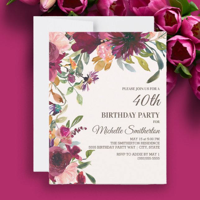 Invitation Élégant violet rose or floral 40e anniversaire (Burgundy and pink watercolor floral 40th birthday party invitation)