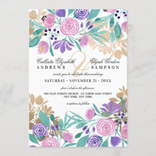 Invitation Élégant violet rose or Mariage d'aquarelle florale