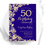 Invitation Elégant violet Roses d'or 50e anniversaire<br><div class="desc">Purple Gold Floral 50e Anniversaire Invitation de fête. Design élégant avec des roses,  fausse feuille d'or et police de script de typographie. Carte invitation tendance parfaite pour une célébration anniversaire élégante. Peut être customisé à n'importe quel âge. Invitations Zazzle imprimées ou téléchargement instantané modèle imprimable numérique.</div>