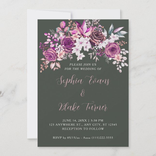 Invitation Élégant violet Roses Floral vert foncé Mariage (Devant)