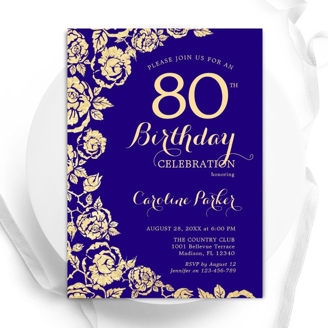 Invitation Elégant violet Roses or 80e anniversaire (Créateur téléchargé)