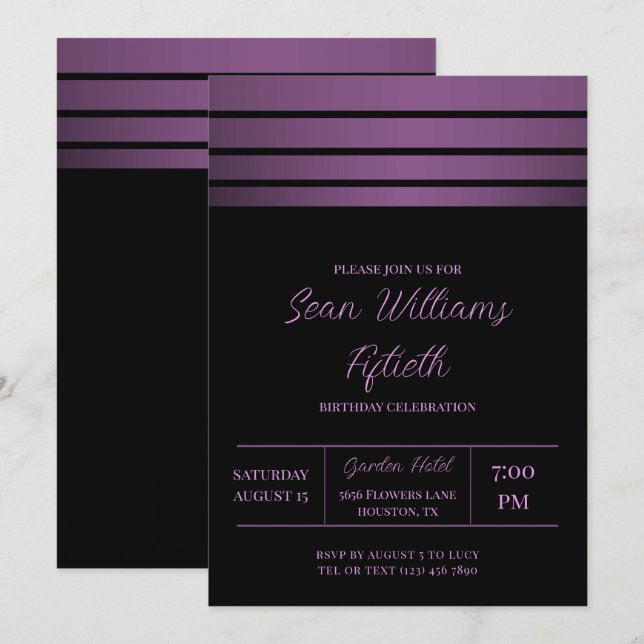 Invitation Elégant Violet Stripes Masculine Anniversaire (Devant / Derrière)