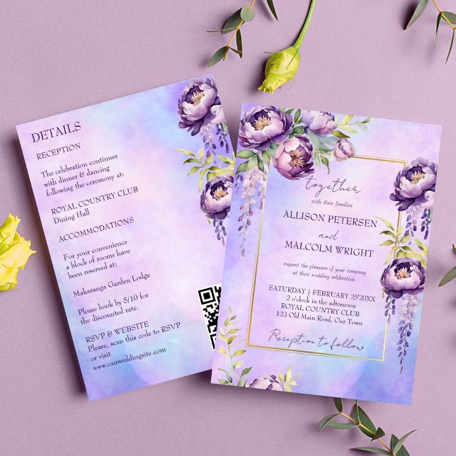 Invitation Élégant violet tout en un modèle mariage (Elegant purple flowers wedding editable template invitation digital download lilac peonies wisteria )