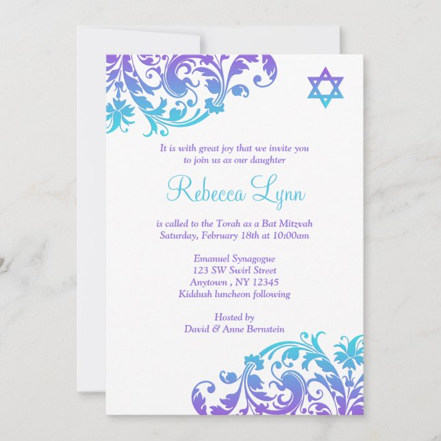 Invitation Élégant violet Turquoise Bat mitzvah (Devant)