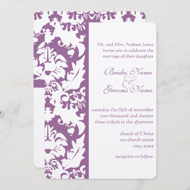 Invitation Élégant violet victorien Mariage damassé (Devant / Derrière)