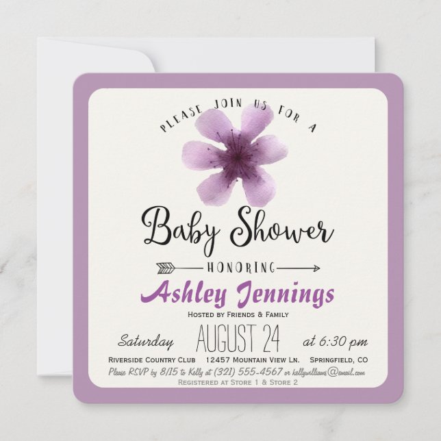 Invitation Élégant violet violet Baby shower floral (Devant)