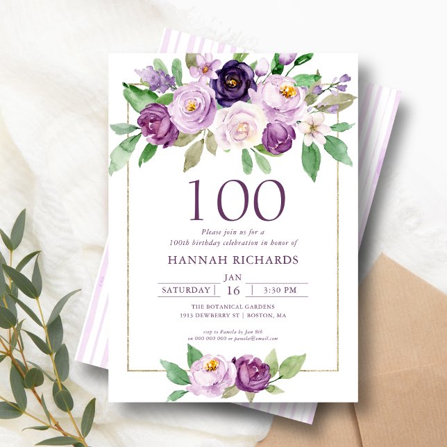 Invitation Élégant violet | Violet Floral 100e anniversaire (Créateur téléchargé)