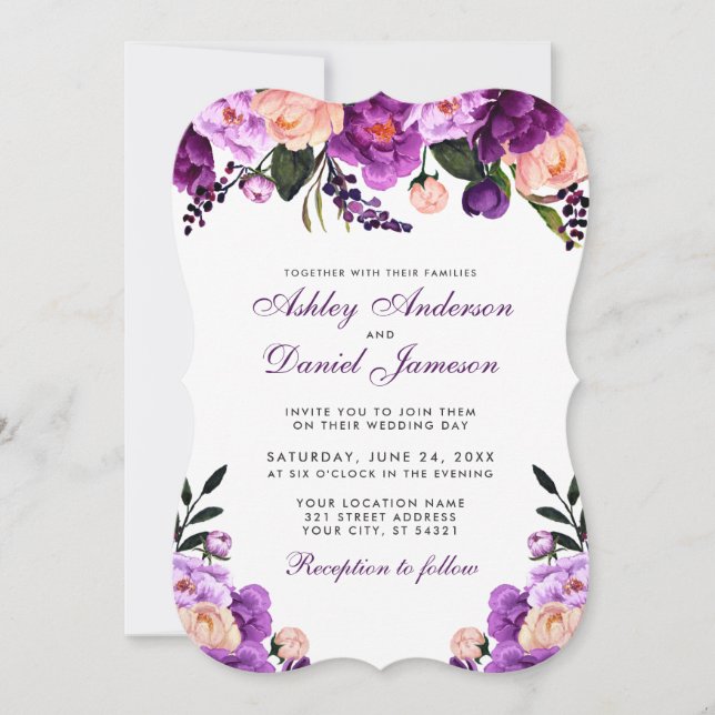 Invitation Élégant violet violet violet Mariage floral PS (Devant)