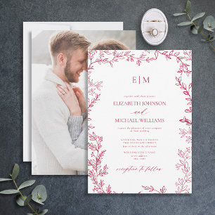 Invitation Élégant Vivid Magenta Feuille Mariage photo Monogr